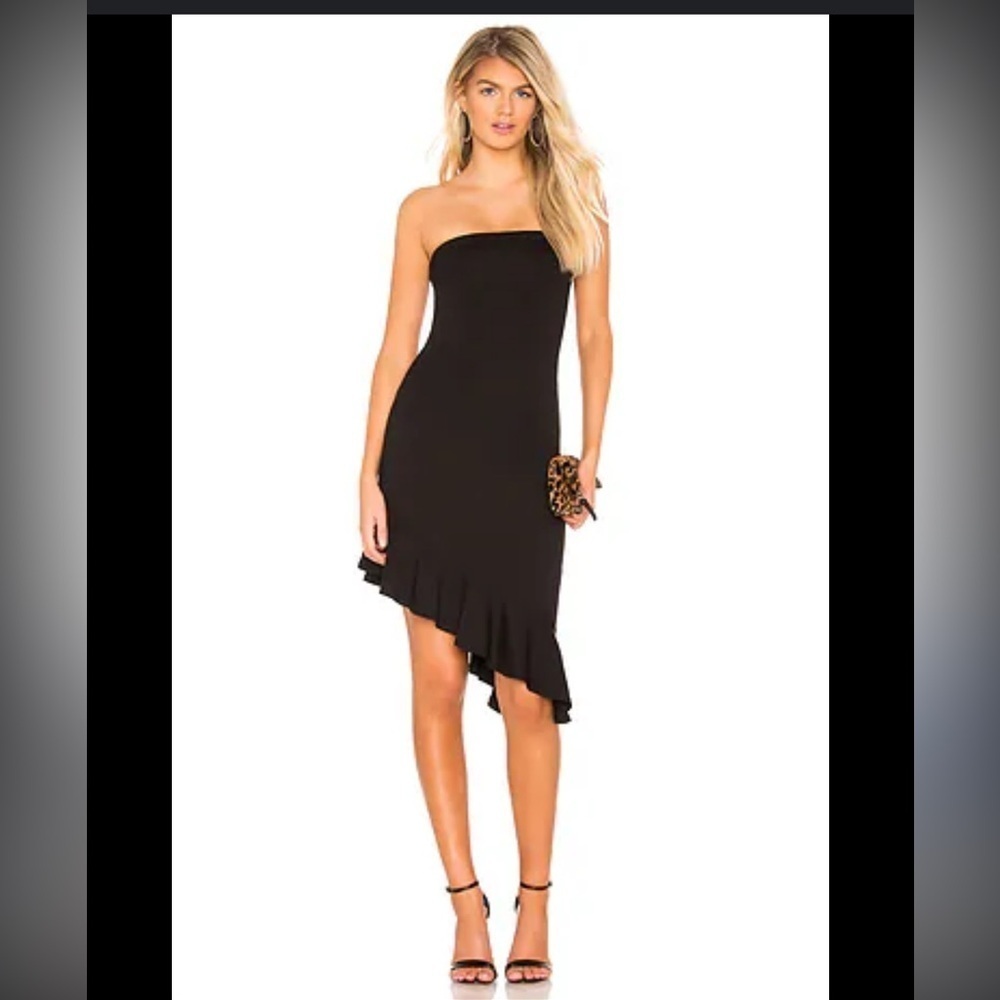 Lovers + Friends Black strapless asymmetrical midi dress